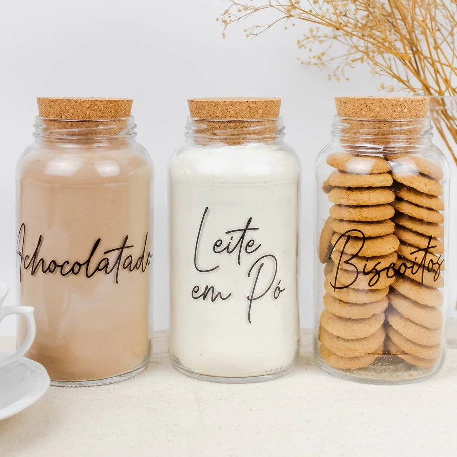KIT 3 POTES DE VIDRO COM TAMPA ROLHA + ADESIVOS EXCLUSIVOS | ORGANIZAÇÃO E ELEGÂNCIA