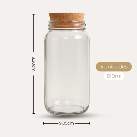 KIT 3 POTES DE VIDRO COM TAMPA ROLHA + ADESIVOS EXCLUSIVOS | ORGANIZAÇÃO E ELEGÂNCIA