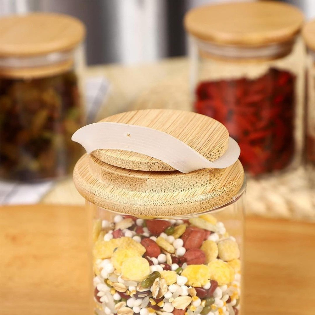 Kit 6 potes de vidro com tampa de bambu herméticos redondos 200ml