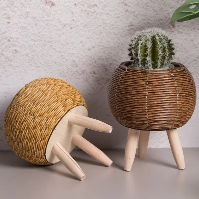 Cachepot de Rattan com Suporte de Madeira