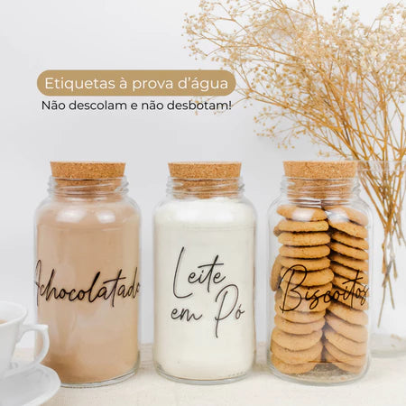 KIT 3 POTES DE VIDRO COM TAMPA ROLHA + ADESIVOS EXCLUSIVOS | ORGANIZAÇÃO E ELEGÂNCIA
