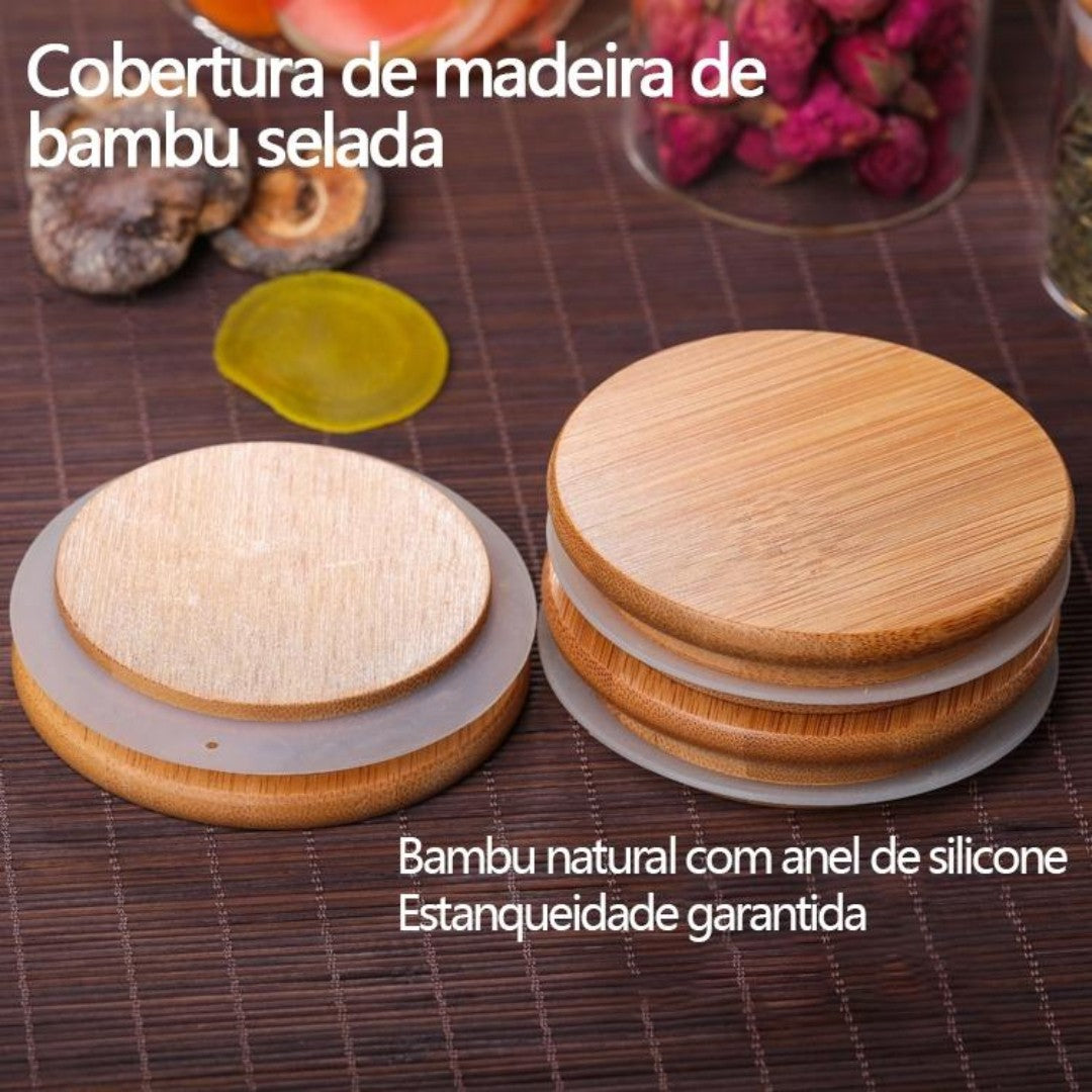 Kit 6 potes de vidro com tampa de bambu herméticos redondos 200ml