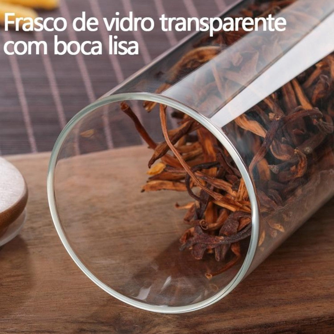 Kit 6 potes de vidro com tampa de bambu herméticos redondos 200ml