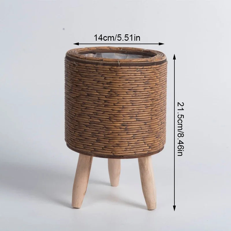 Cachepot de Rattan com Suporte de Madeira